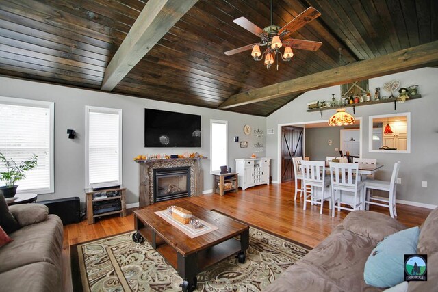 living room featuring hardwood / wood-style floors, lofted ceiling with beams, ceiling fan, and wood ceiling