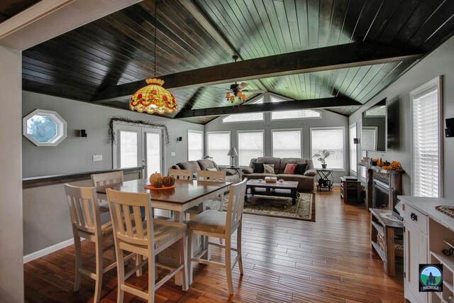 dining space featuring hardwood / wood-style flooring, lofted ceiling with beams, wooden ceiling, and french doors