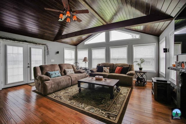 living room featuring french doors, hardwood / wood-style flooring, and wood ceiling