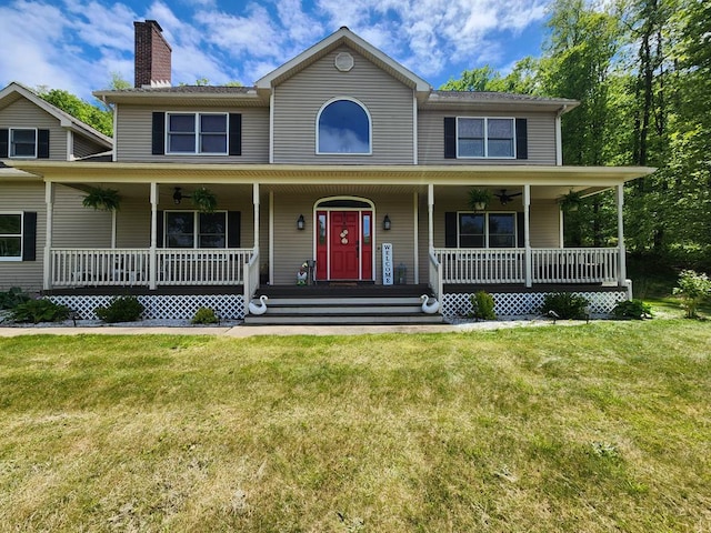 82 Cherry Tree Ln, Coudersport, PA 16915 - view of front of property featuring a chimney, covered porch, and a ceiling fan