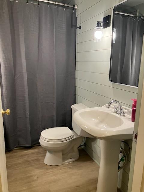 32 Investment Ln, Milan, PA 18831 - bathroom with wood finished floors, a shower with shower curtain, and wooden walls