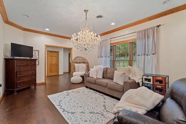 living room with dark hardwood / wood-style flooring, an inviting chandelier, and ornamental molding