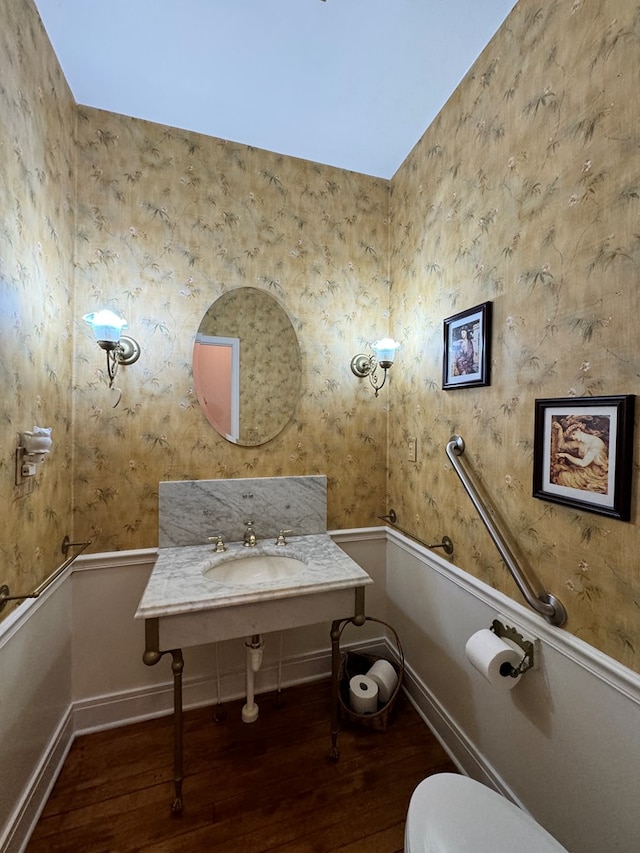 bathroom with hardwood / wood-style flooring, toilet, and sink