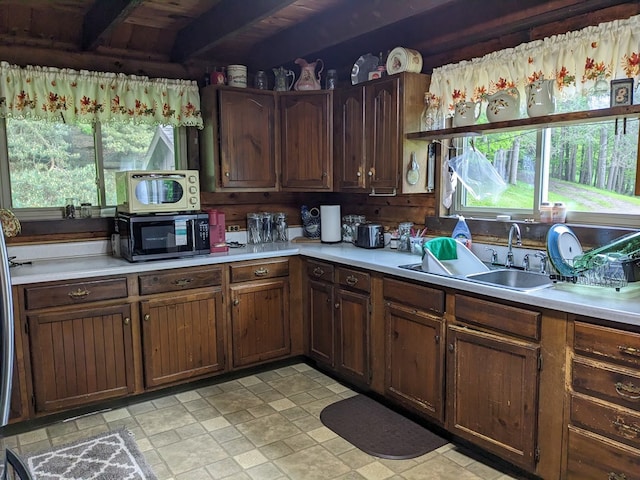 153 Pinneo Hill Rd, Oswayo, PA 16915 - kitchen featuring black microwave, a sink, light countertops, plenty of natural light, and beam ceiling