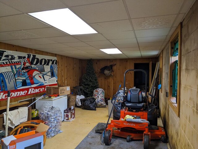 153 Pinneo Hill Rd, Oswayo, PA 16915 - basement featuring a drop ceiling and wood walls