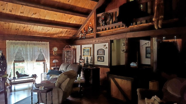 153 Pinneo Hill Rd, Oswayo, PA 16915 - living room featuring wood ceiling with exposed beams, wood walls, high vaulted ceiling, and wainscoting
