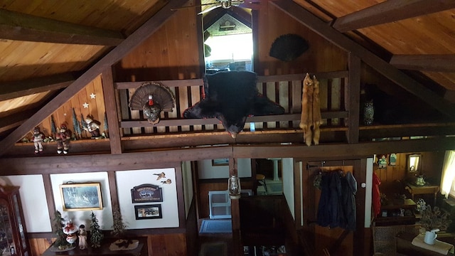 153 Pinneo Hill Rd, Oswayo, PA 16915 - detailed view of wooden ceiling with exposed beams and a ceiling fan