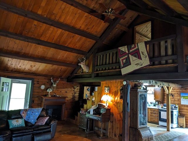 153 Pinneo Hill Rd, Oswayo, PA 16915 - living area featuring wood walls, wood ceiling, a fireplace, wood finished floors, and ceiling fan
