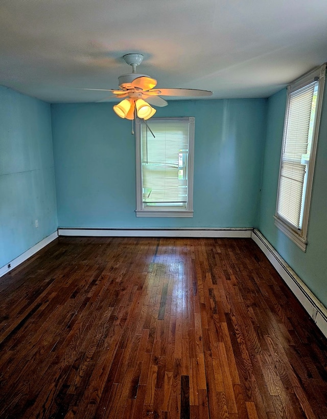 202 Cliff St, Montrose, PA 18810 - empty room featuring wood finished floors, baseboards, a baseboard heating unit, and a ceiling fan