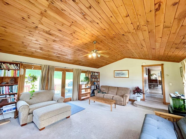 403 Horse Thief Run Rd, Wellsboro, PA 16901 - carpeted living area with lofted ceiling, wood ceiling, french doors, ceiling fan, and baseboards