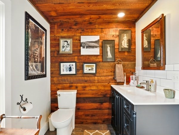 175 Rte 467, Wysox, PA 18854 - bathroom featuring vanity, wood ceiling, toilet, wooden walls, and backsplash