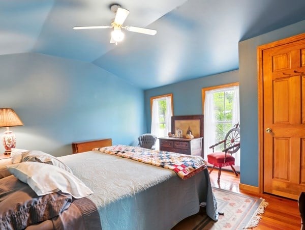 175 Rte 467, Wysox, PA 18854 - bedroom with wood finished floors, lofted ceiling, and a ceiling fan