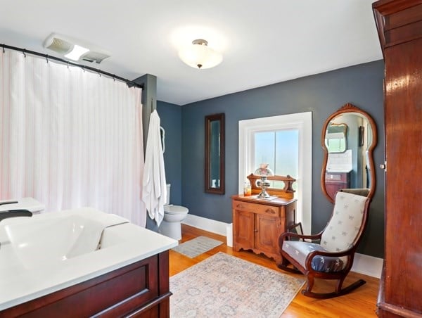 175 Rte 467, Wysox, PA 18854 - bathroom with wood finished floors, toilet, vanity, baseboards, and a shower with curtain