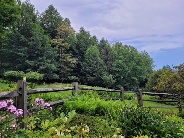 view of yard featuring fence and a wooded view