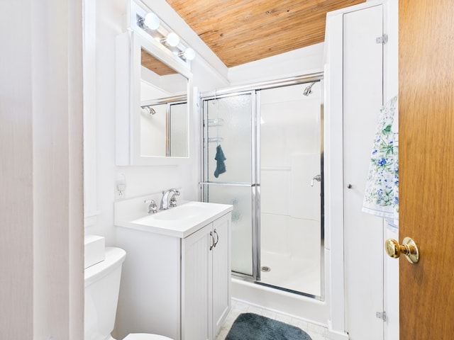 bathroom with a stall shower, vanity, wooden ceiling, tile patterned floors, and toilet