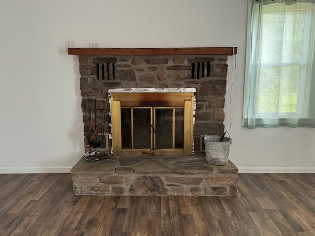 details featuring hardwood / wood-style floors and a fireplace