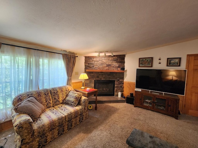 151 Ice Mine Rd, Coudersport, PA 16915 - carpeted living room with a wainscoted wall, crown molding, a textured ceiling, a fireplace, and wood walls