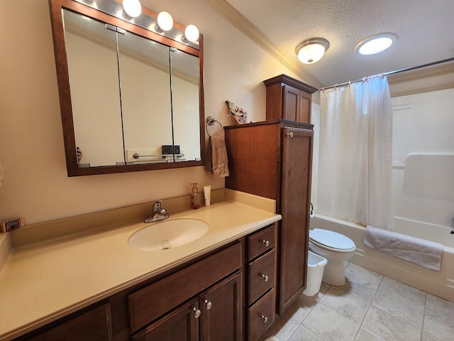 151 Ice Mine Rd, Coudersport, PA 16915 - bathroom with vanity, tile patterned floors, shower / bathtub combination with curtain, a textured ceiling, and ornamental molding