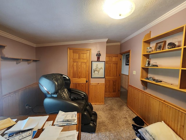 151 Ice Mine Rd, Coudersport, PA 16915 - living area featuring wainscoting, wood walls, light carpet, crown molding, and a textured ceiling