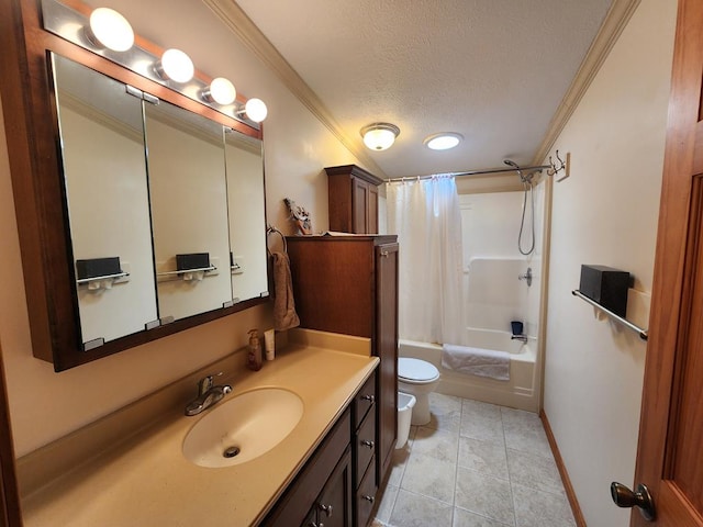 151 Ice Mine Rd, Coudersport, PA 16915 - bathroom with crown molding, vanity, shower / bath combo with shower curtain, a textured ceiling, and tile patterned flooring
