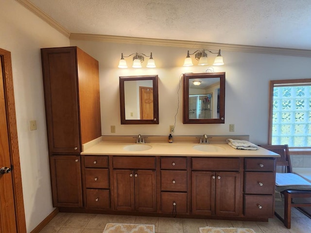 151 Ice Mine Rd, Coudersport, PA 16915 - full bathroom with double vanity, a textured ceiling, crown molding, a shower, and tile patterned floors