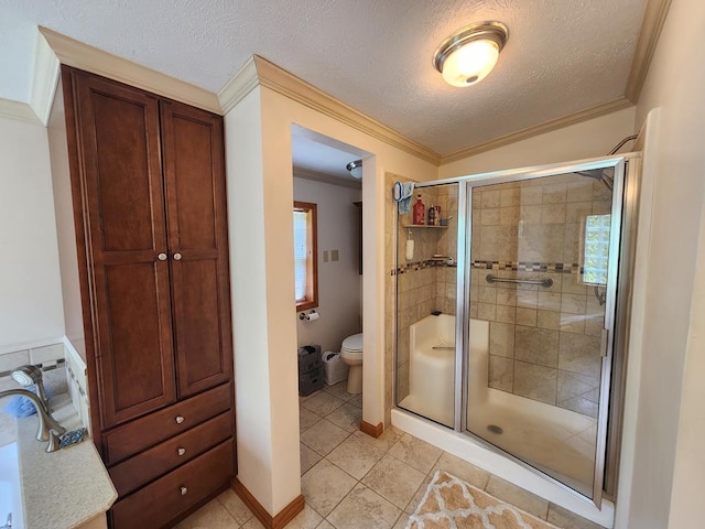 151 Ice Mine Rd, Coudersport, PA 16915 - bathroom with ornamental molding, a stall shower, tile patterned flooring, and a textured ceiling