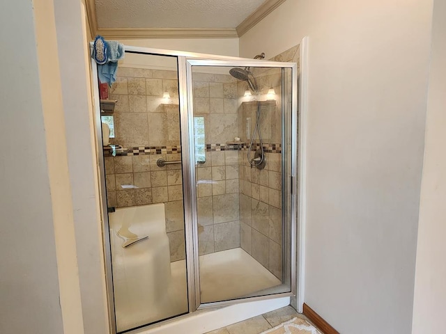 151 Ice Mine Rd, Coudersport, PA 16915 - full bathroom featuring a shower stall, crown molding, tile patterned floors, and a textured ceiling