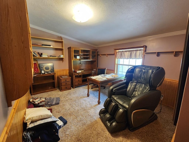 151 Ice Mine Rd, Coudersport, PA 16915 - carpeted office with a textured ceiling, wainscoting, crown molding, and wood walls