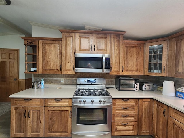 151 Ice Mine Rd, Coudersport, PA 16915 - kitchen with appliances with stainless steel finishes, brown cabinetry, backsplash, ornamental molding, and open shelves