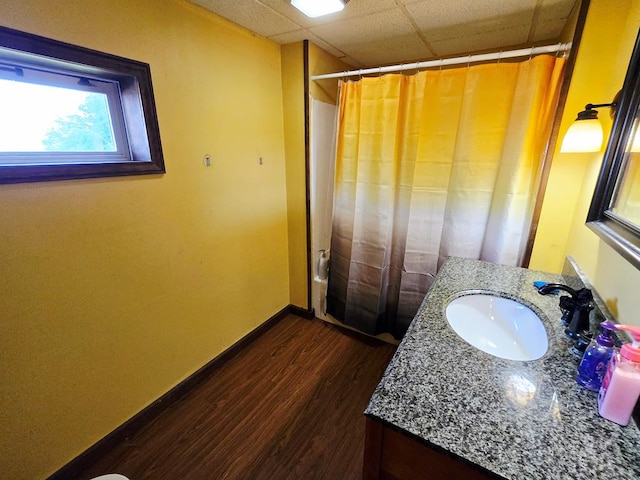401 Valley View Rd, Wyalusing, PA 18853 - full bath featuring vanity, a drop ceiling, wood finished floors, and a shower with shower curtain