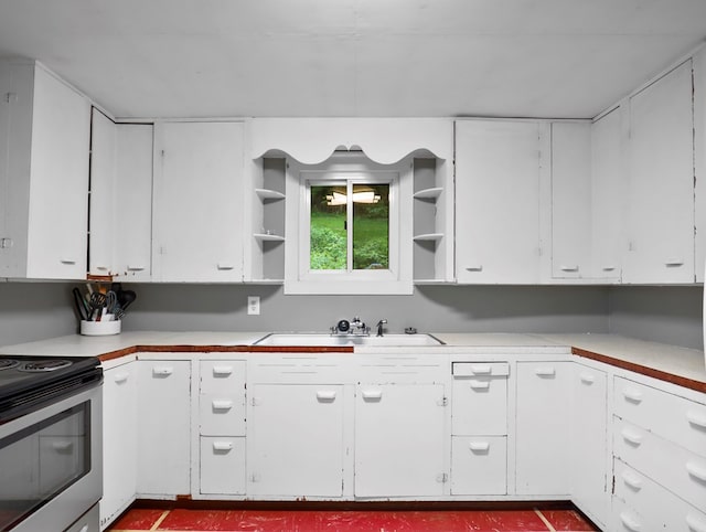 135 Middle Rd, Barton, NY 13734 - kitchen featuring open shelves, a sink, electric stove, white cabinetry, and light countertops