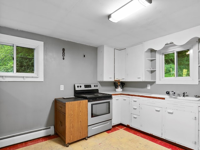 135 Middle Rd, Barton, NY 13734 - kitchen with baseboard heating, stainless steel electric stove, healthy amount of natural light, and open shelves