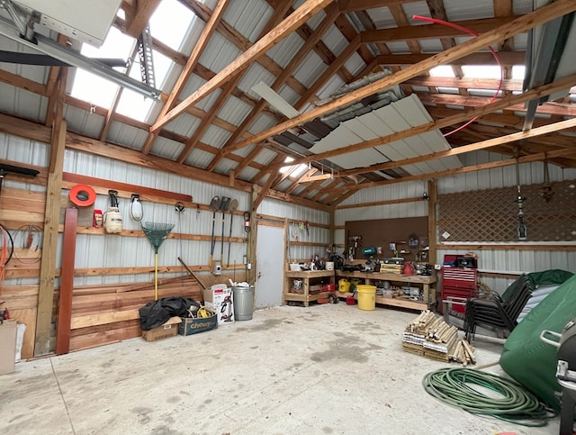 garage with a workshop area