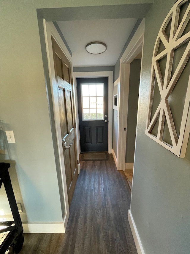 doorway with dark hardwood / wood-style flooring