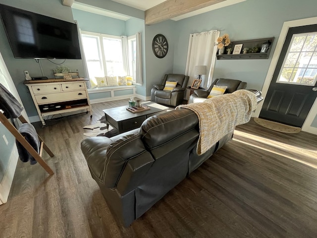 living room featuring beamed ceiling, dark hardwood / wood-style floors, and a healthy amount of sunlight