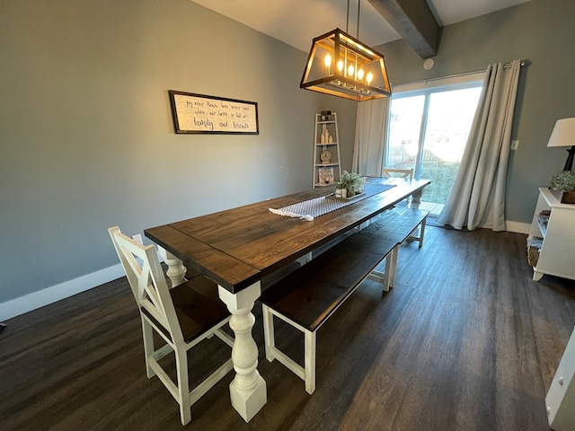 dining area featuring beamed ceiling, dark hardwood / wood-style floors, and a notable chandelier