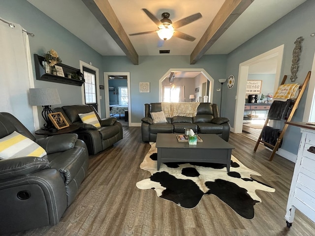 living room featuring beam ceiling, dark hardwood / wood-style floors, ceiling fan, and a healthy amount of sunlight