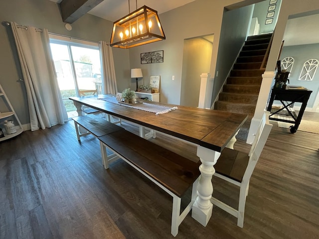 dining area with beamed ceiling, dark hardwood / wood-style floors, and a notable chandelier