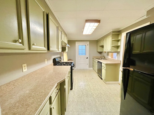 kitchen with sink, crown molding, and black appliances