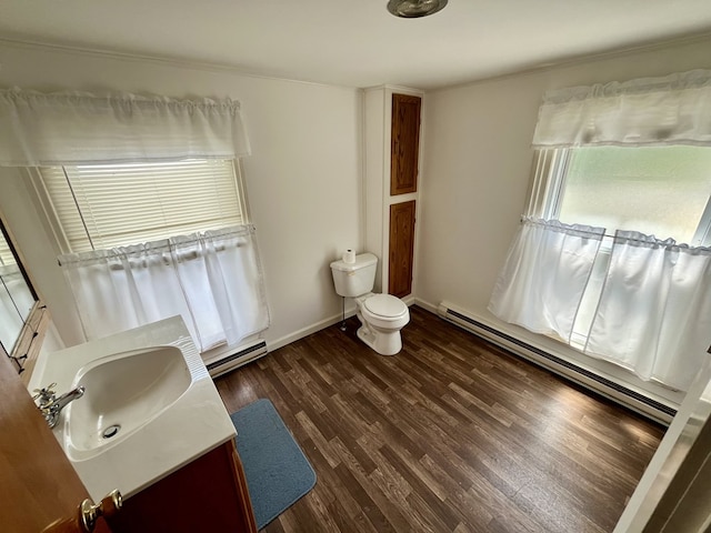 421 State St, Towanda, PA 18848 - bathroom with healthy amount of natural light, vanity, a baseboard radiator, wood finished floors, and crown molding