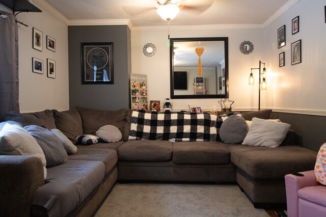 living room with carpet floors and ornamental molding