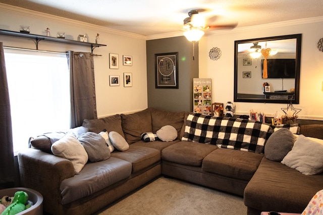 living room featuring crown molding and ceiling fan