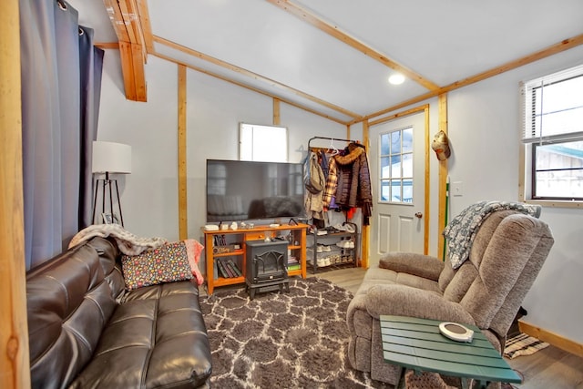 living room with lofted ceiling, a wood stove, and wood-type flooring