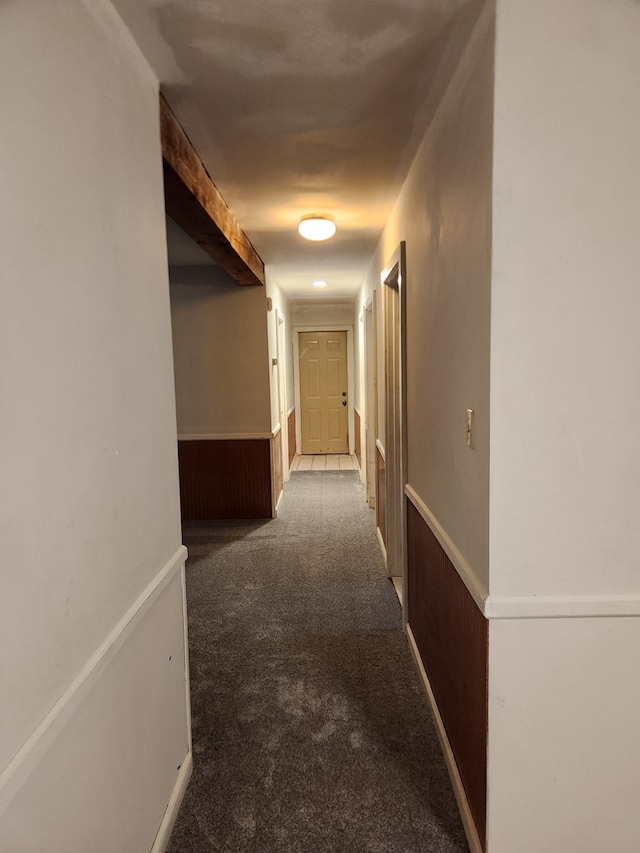 hallway with carpet floors, wooden walls, and wainscoting