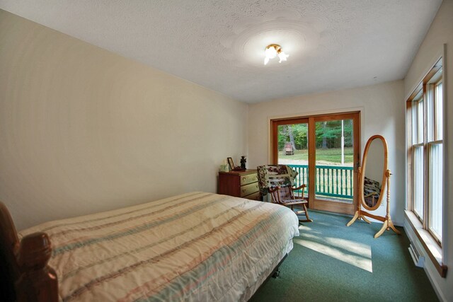 bedroom featuring access to outside, carpet floors, and a textured ceiling