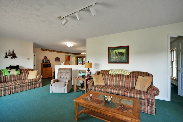 living room with a textured ceiling, carpet floors, and track lighting