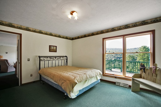 bedroom featuring a textured ceiling, carpet floors, access to outside, and multiple windows