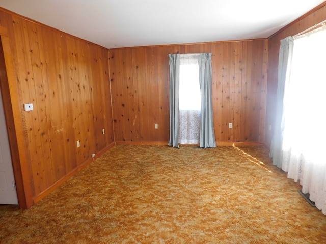 unfurnished room featuring carpet flooring and wood walls