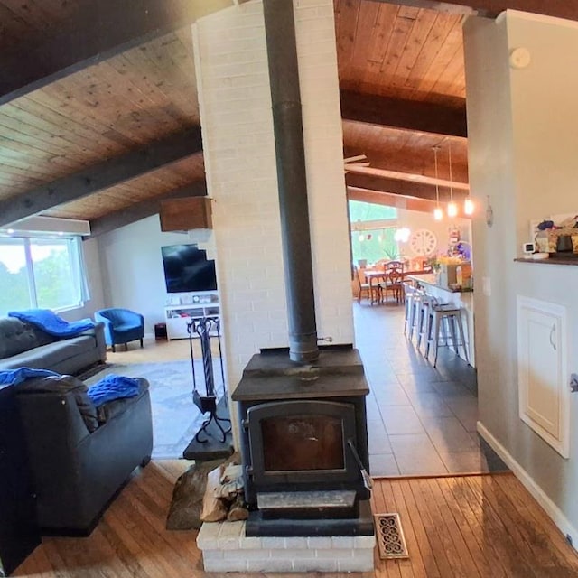 47 Alpine Dr, Athens, PA 18810 - living room featuring wooden ceiling, wood-type flooring, and a wood stove