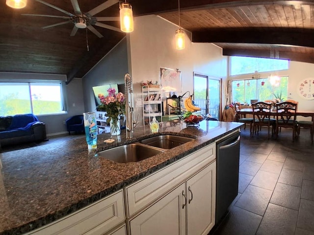 47 Alpine Dr, Athens, PA 18810 - kitchen with stainless steel dishwasher, wood ceiling, a ceiling fan, white cabinets, and dark stone countertops